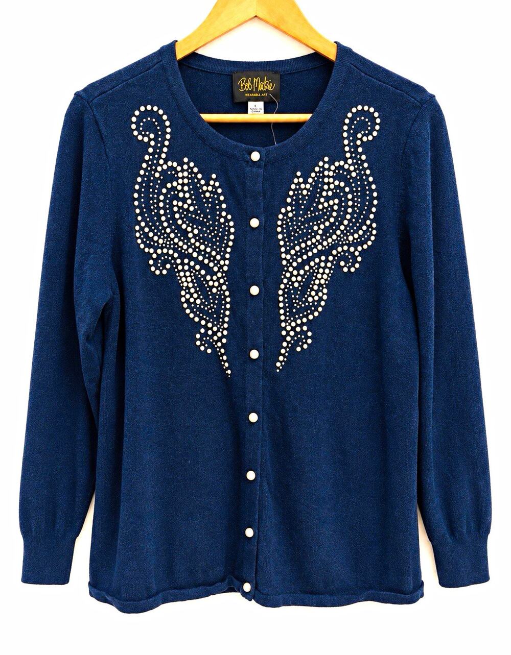 Bob Mackie Wearable Art Blue Beaded Button Front Knit Cardigan Sweater Large